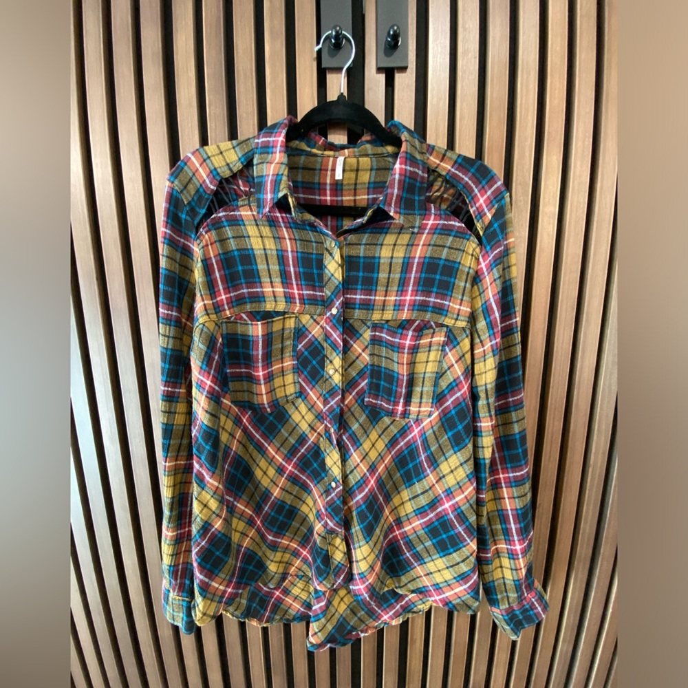 Free People | Plaid Shirt | Size S | Burgundy, Blue, Yellow